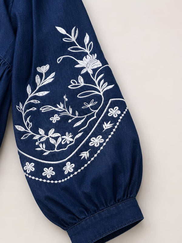 Denim Bloom Embroidered Abaya Dress