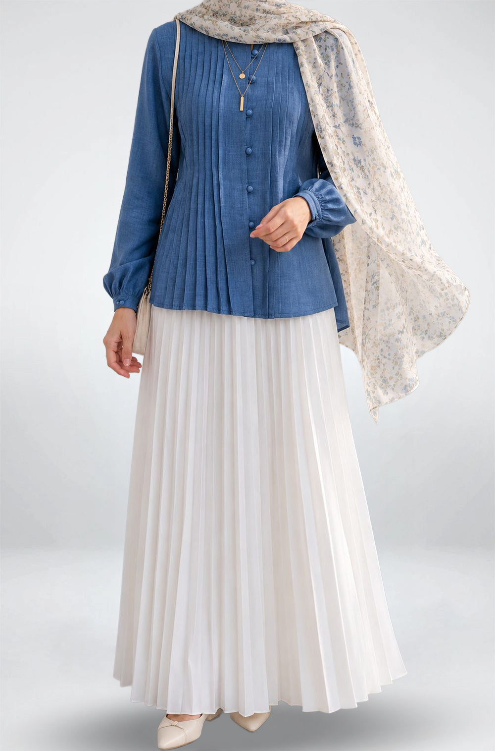 Sky Azure Pleated Button Blouse