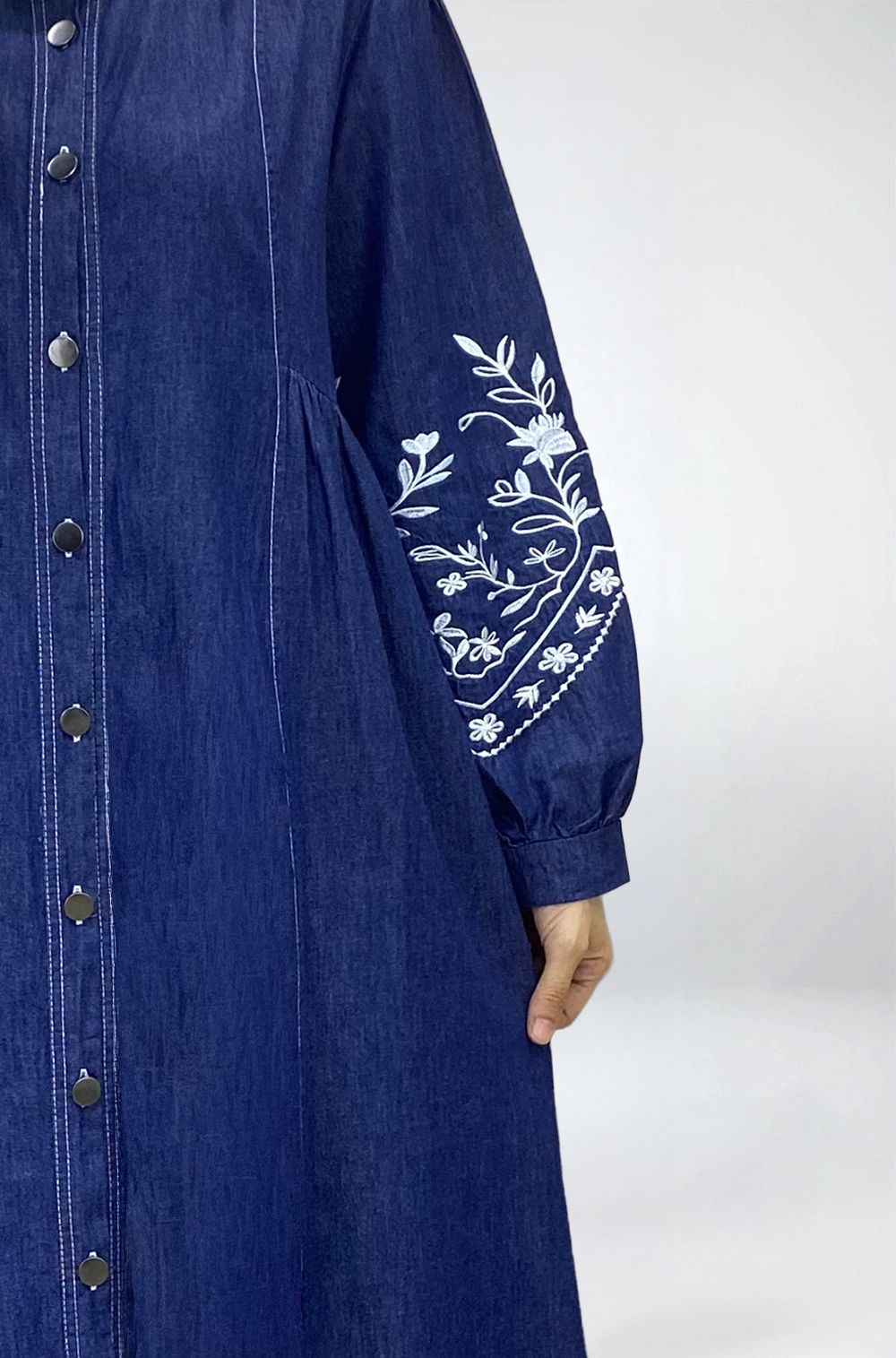 Denim Bloom Embroidered Abaya Dress