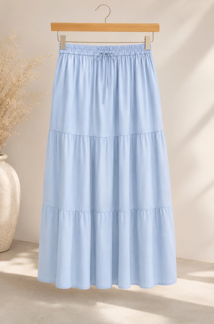 Light Blue Tiered Denim Skirt- Free Size