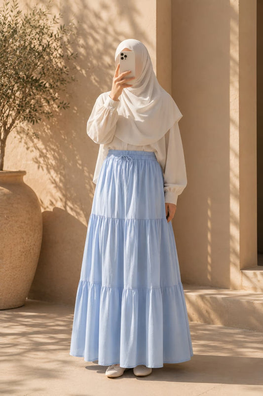 Light Blue Tiered Denim Skirt- Free Size
